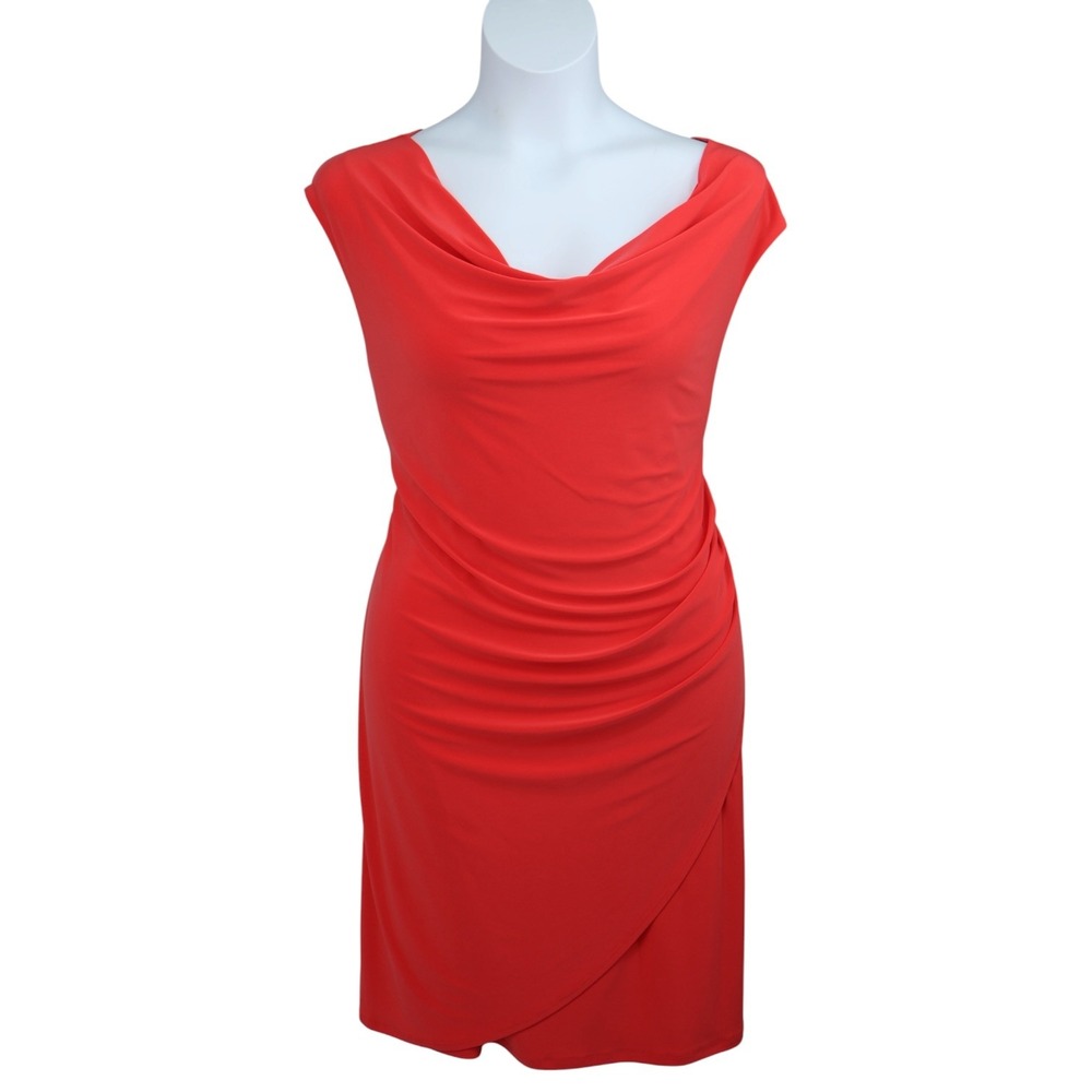 Clara Sun Woo Coral‎ Ruched Draped Cocktail Dress XL Stretch USA Made